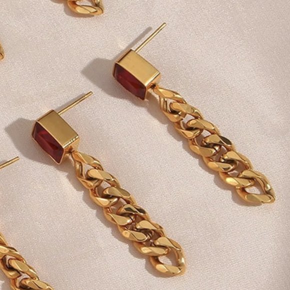 Red Zircon Gold Chain Drop Earrings Jewelry Hypoallergenic - Picture 5 of 5